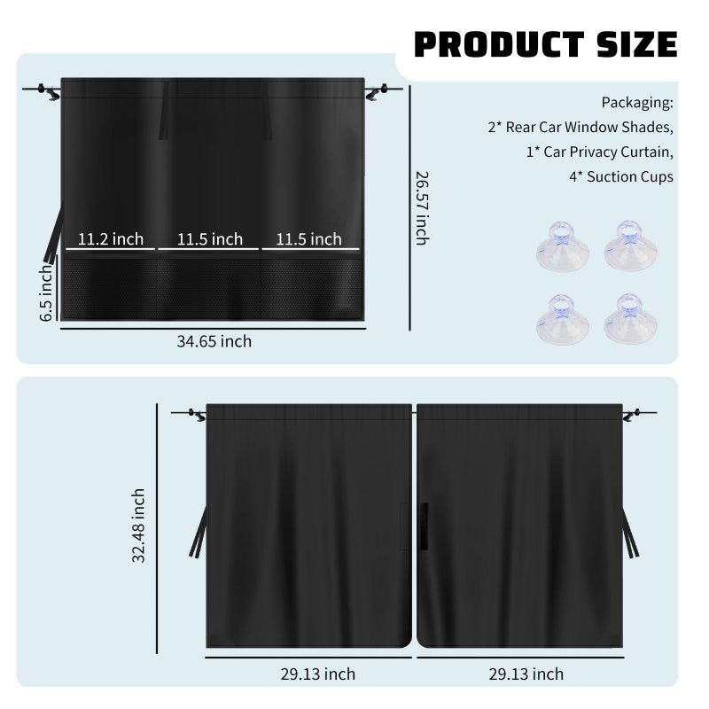 Figpade 3PCS Upgraded Rear Car Window Shades,2PCS Window Shade for Car & 1PC Cars Privacy Curtain with Storage Pockets,Essential Windows Cars Shades for Sun Shading & Privacy Protection - Image 2