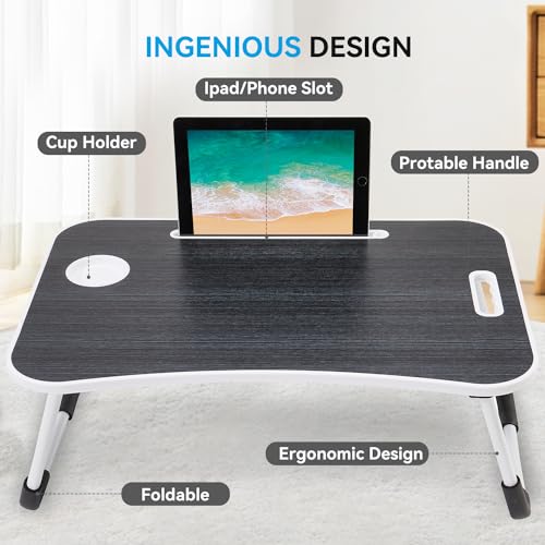 BUYIFY Folding Lap Desk, 23 Inch Portable Wood Deep Black Laptop Bed Desk Lap Desk with Cup Holder, for Working Reading Writing, Eating, Watching Movies for Bed Sofa Couch Floor - Image 3