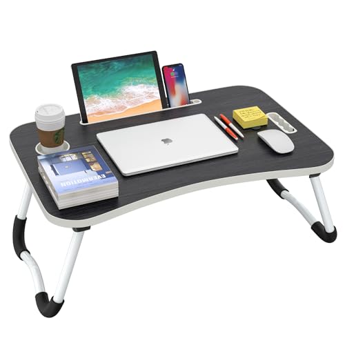 BUYIFY Folding Lap Desk, 23 Inch Portable Wood Deep Black Laptop Bed Desk Lap Desk with Cup Holder, for Working Reading Writing, Eating, Watching Movies for Bed Sofa Couch Floor - Image 1