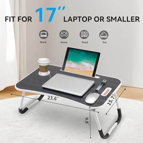 BUYIFY Folding Lap Desk, 23 Inch Portable Wood Deep Black Laptop Bed Desk Lap Desk with Cup Holder, for Working Reading Writing, Eating, Watching Movies for Bed Sofa Couch Floor - Image 4