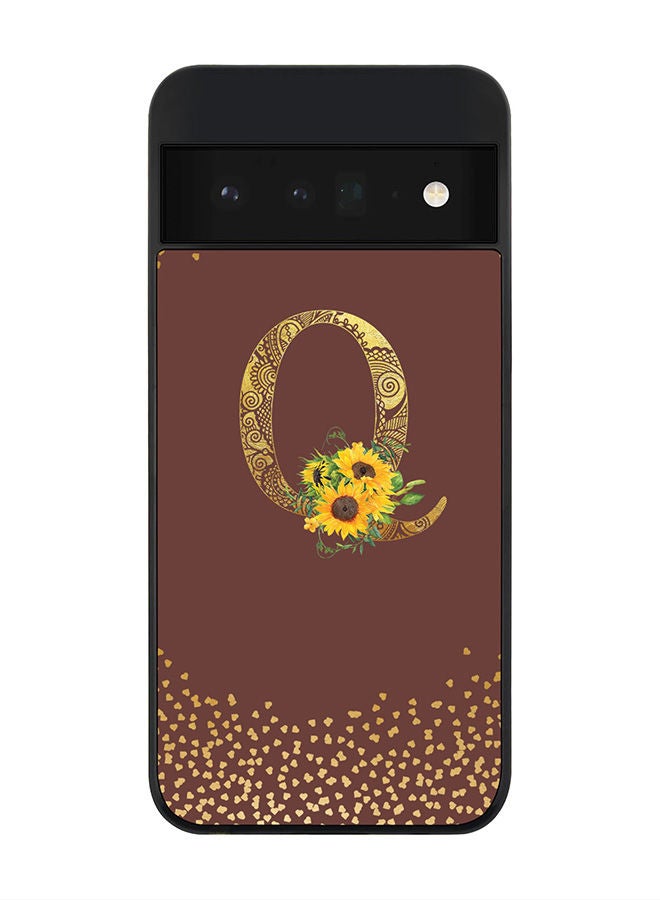 Stylizedd Rugged Black edge case for Google Pixel 6 Pro 5G Slim fit Soft Case Flexible Rubber Edges Anti Drop TPU Gel Thin Cover - Custom Monogram Initial Letter Floral Pattern Alphabet - Q (Brown ) - Image 1