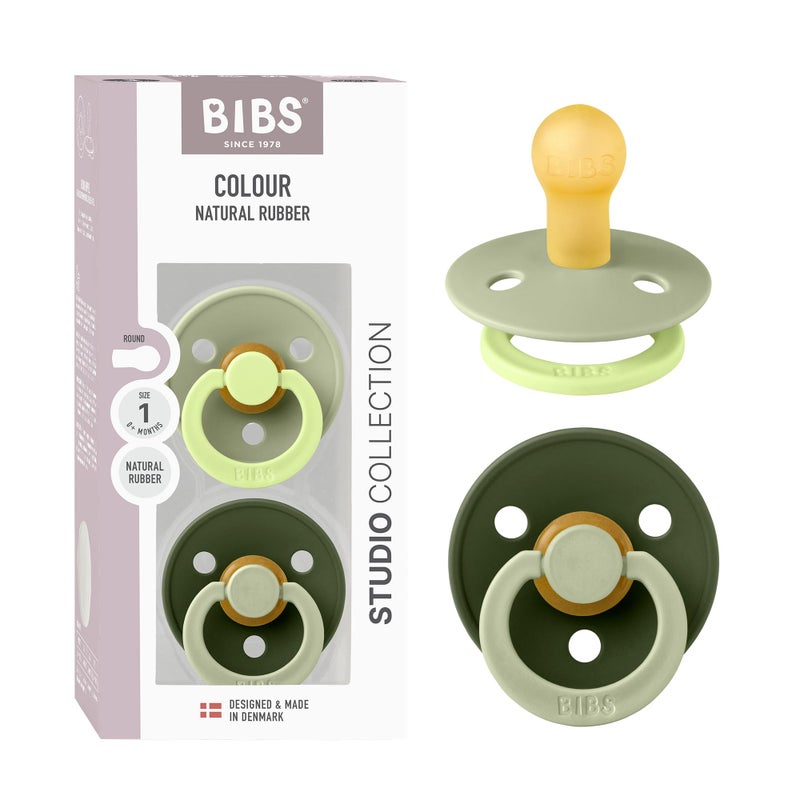 BIBS Colour Studio Pacifier 2-Pack, BPA Free, Round Nipple. Natural Rubber Latex, Made in Denmark, Size 1 (0-6 Months) - Sage/Huntergreen - Image 1