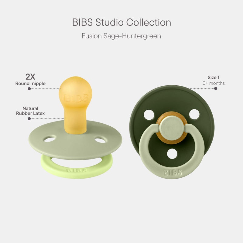 BIBS Colour Studio Pacifier 2-Pack, BPA Free, Round Nipple. Natural Rubber Latex, Made in Denmark, Size 1 (0-6 Months) - Sage/Huntergreen - Image 2