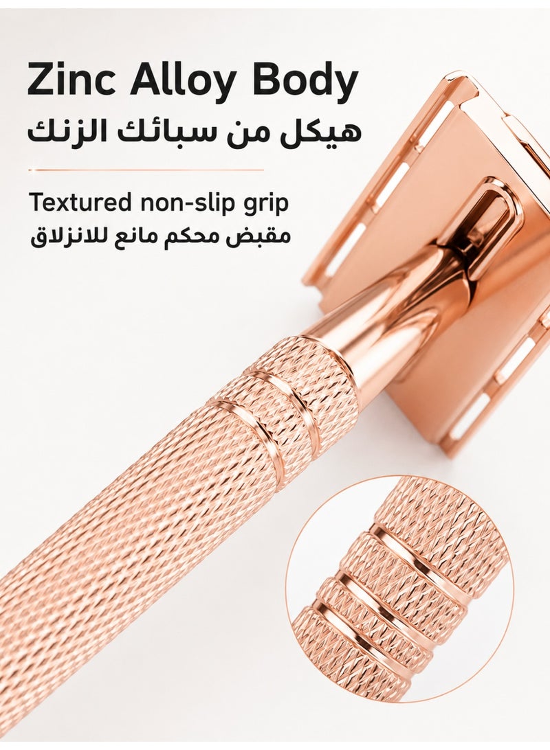 Double Edge Safety Razor, Closed Comb Non-Slip Handle Reusable Safety Razor for Women & Men with 10pc Blades Personal beard care shaver set beauty tools-Rose Gold - Image 4