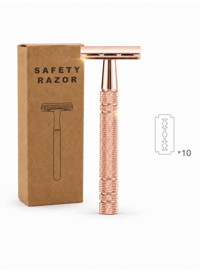 Double Edge Safety Razor, Closed Comb Non-Slip Handle Reusable Safety Razor for Women & Men with 10pc Blades Personal beard care shaver set beauty tools-Rose Gold - Image 1