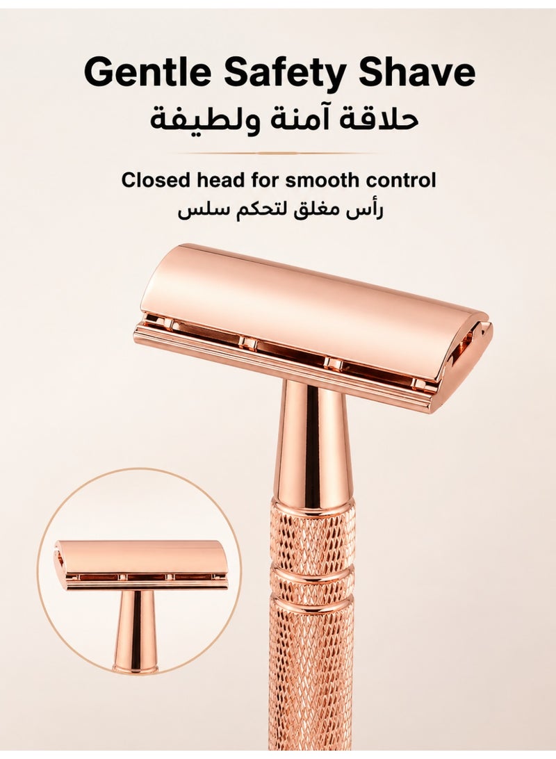 Double Edge Safety Razor, Closed Comb Non-Slip Handle Reusable Safety Razor for Women & Men with 10pc Blades Personal beard care shaver set beauty tools-Rose Gold - Image 2