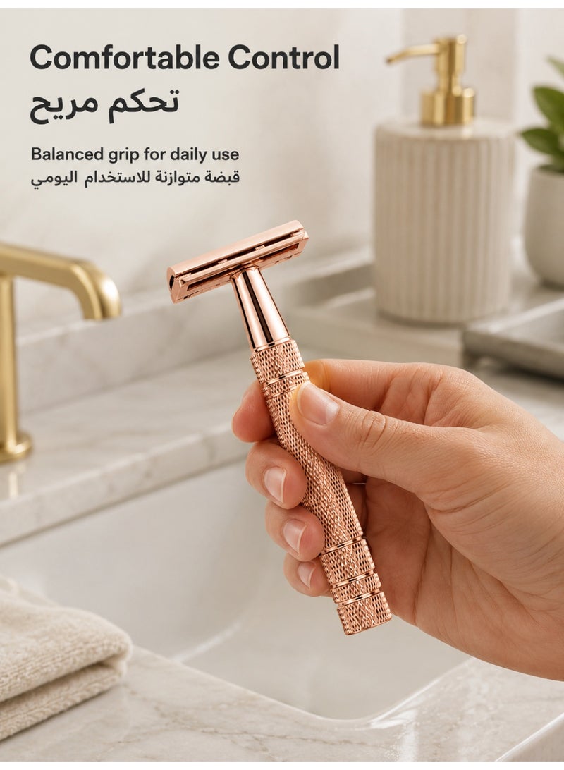 Double Edge Safety Razor, Closed Comb Non-Slip Handle Reusable Safety Razor for Women & Men with 10pc Blades Personal beard care shaver set beauty tools-Rose Gold - Image 5