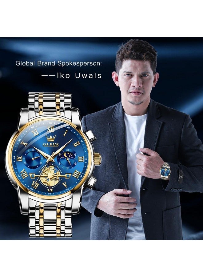 أوليفز ساعات OLEVS للرجال كرونوغراف أعمال زرقاء ساعات يد كوارتز تناظرية بمرحلة القمر من الفولاذ المقاوم للصدأ ساعات رسمية مضيئة مقاومة للماء - Image 2