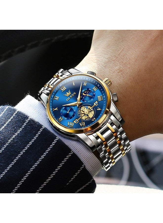 أوليفز ساعات OLEVS للرجال كرونوغراف أعمال زرقاء ساعات يد كوارتز تناظرية بمرحلة القمر من الفولاذ المقاوم للصدأ ساعات رسمية مضيئة مقاومة للماء - Image 5