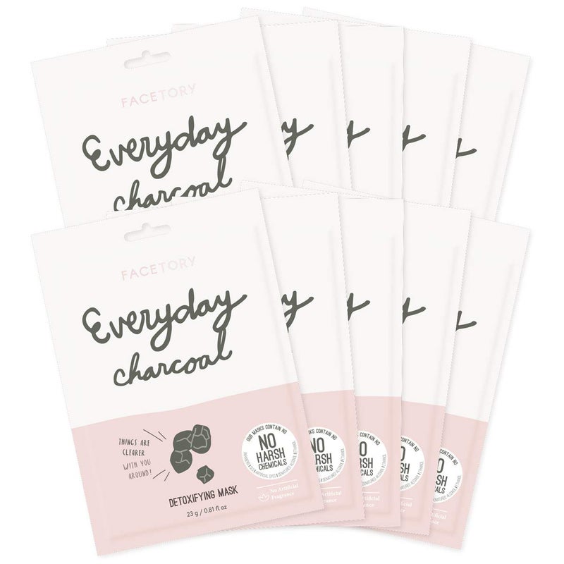 FACETORY K Beauty Face Mask Skin Care  Everyday CHARCOAL Detoxifying Sheet Mask  PlantBased Charcoal Face Mask 10 Pack