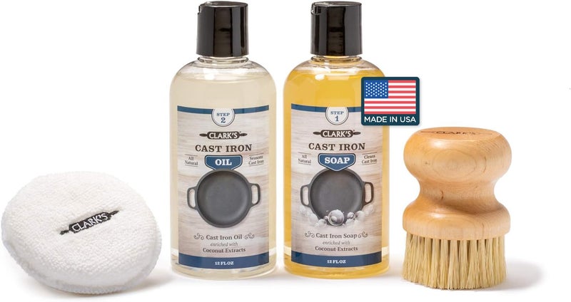 CLARKS Cast Iron Care Kit with Coconut Oil  Includes Seasoning Oil Soap Scrub Brush and Applicator Pad  Made with Fractionated Coconut Oil  Restore and Preserve Cast Iron Items  Food Safe