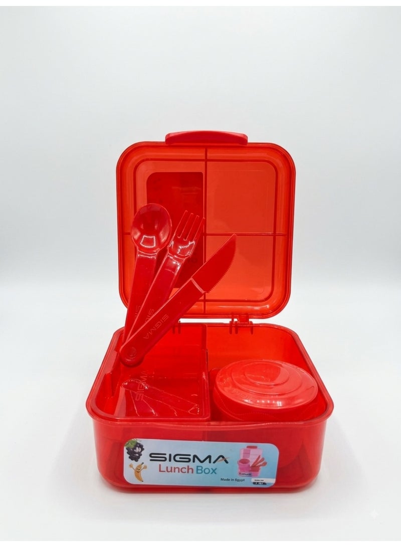 SIGMA Multi-Compartment Kids & Adults Lunch Box (1.25L) with Cutlery Set & Sauce Container – Red - Image 2