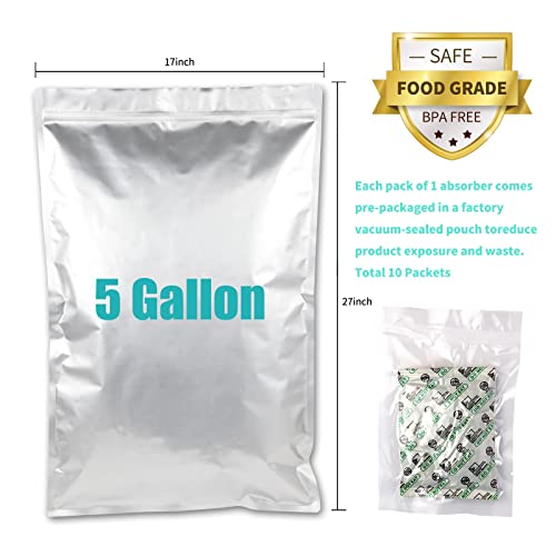 SHXWELL 10PCS 5 Gallon Mylar Bags with 2500CC Oxygen Absorbers and Labels, Zipper Resealable Pouches Heat Sealable Bags for Long Term Food Storage - Image 2