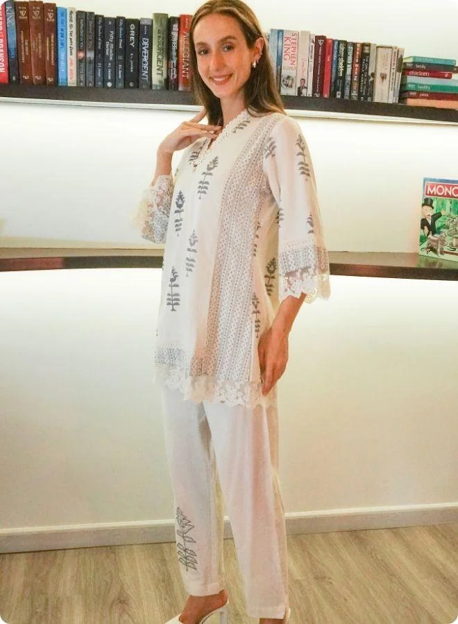 #Be Ivory Printed Cotton Co-Ord Set with Lace Detailing