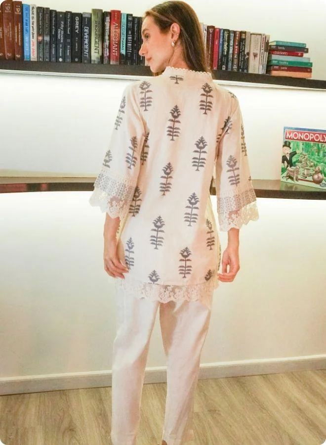 #Be Ivory Printed Cotton Co-Ord Set with Lace Detailing