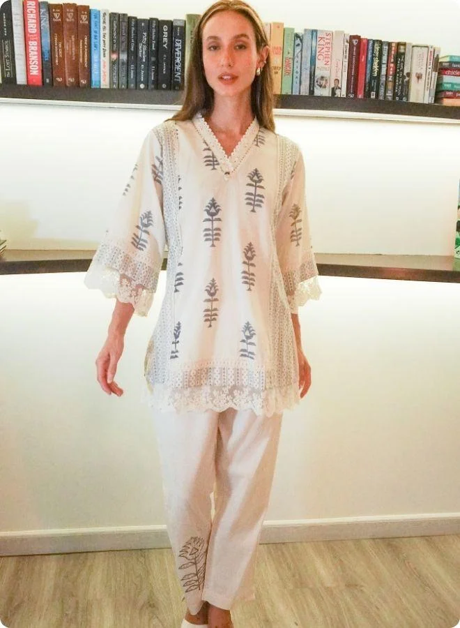 #Be Ivory Printed Cotton Co-Ord Set with Lace Detailing