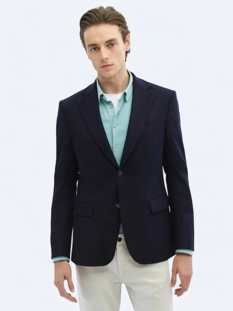 Kip Navy Blue Plain Regular Fit Wool Blended Jacket