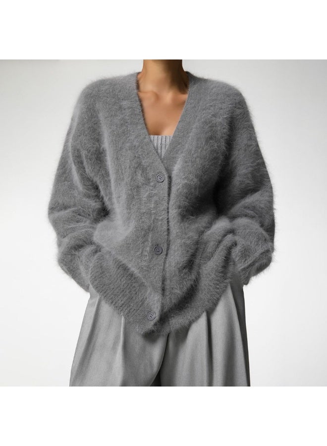 NIBEMINENT Women Autumn Fashion V-Neck Plush Knitted Cardigans Loose Solid Long Sleeves Single-Breasted Knit Outerwear Casual Daily Coat - Image 1