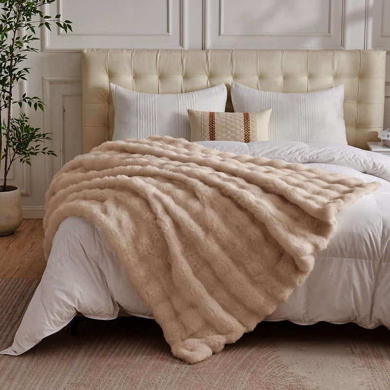 Lotus Karen Lotus Karen Queen Size Faux Fur Blanket Khaki - Big Bubble Rabbit Fluff Blanket for Bed  Large Fluffy Fuzzy Cozy Blanket  Thick Furry Plush Shaggy Blankets  90x90 Inches  - Image 3