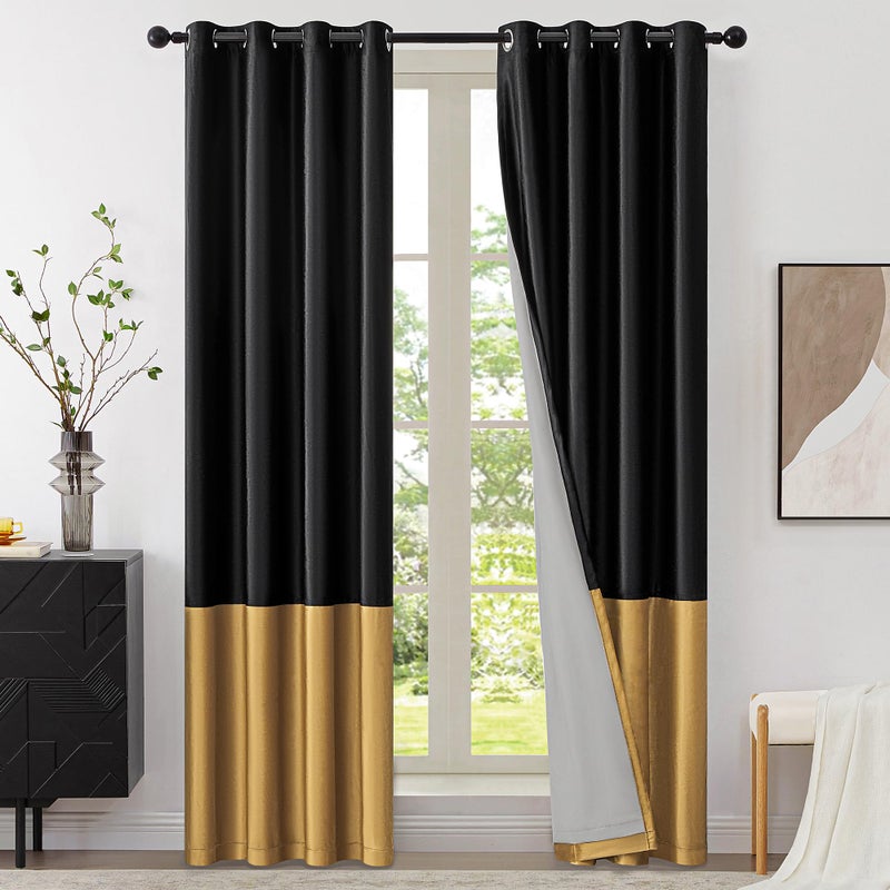 BULBUL Black Gold 100 Full Blackout Velvet Curtains84 inches Long Modern Liner Curtains Thermal Drapes Panels for Living Room Bedroom Grommet Set of 2