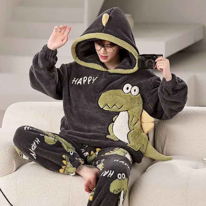 Coral Fleece Pajamas Men's Winter Hooded Fleece Plus Cartoon Cute Dinosaur Plus Size Teenager Home Suit - Image 1