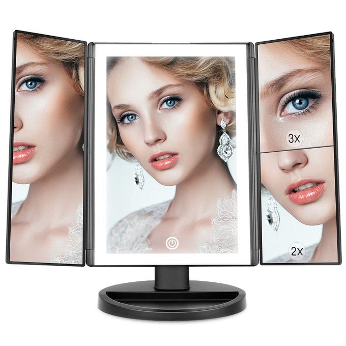 LIGHTED VANITY MAKEUP MIRROR 1X2X3X MAGNIFICATION TRIFOLD WITH 36 LED LIGHTS TOUCH SCREEN AND USB CHARGING 180 DEGREE ADJUSTABLE STAND FOR COUNTERTOP COSMETIC MAKEUP MIRROR BLACK