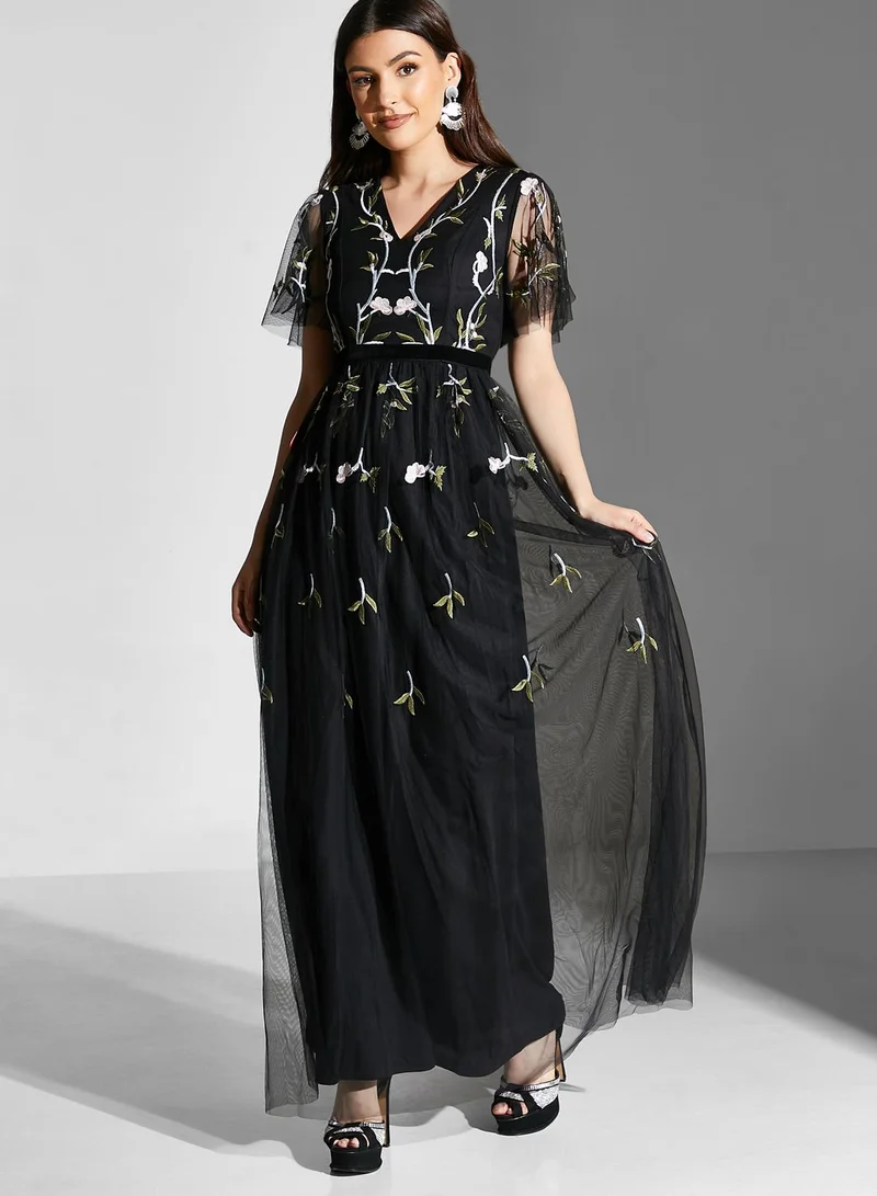 frock and frill black embroidered dress Liana Black Floral Embroidered Maxi Dress – Frock and Frill main image 0