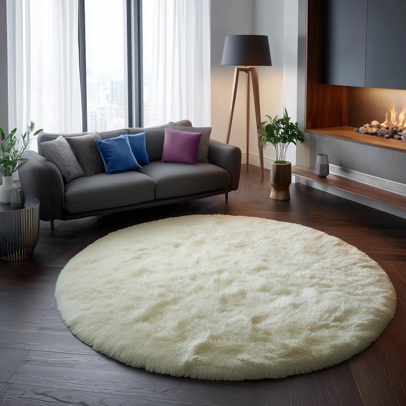 Amdrebio Ivory White Round Rug 5Ft for Bedroom Living Room Aesthetic Washable Fluffy Fuzzy Circle Area Rugs for Kids Room Playroom Circular Plush Soft Shaggy Cream Carpet for Dorm Teen Baby Nursery