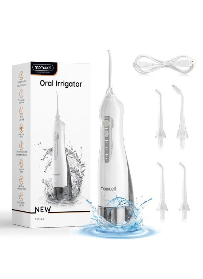 Mornwell Water Flosser Cordless, Mornwell Water Flossers for Teeth - 300ML Tank and 4 Jet Tips, 3 Modes Portable Dental Oral Irrigator, Braces Care, Rechargeable Waterproof Portable Water Flosser, White  - Image 1