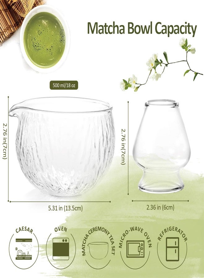 CAMATET Matcha Bowl and Whisk Holder Set, Glass Matcha Bowl with Spout, Ceremonial Mixing Chawan, Clear Traditional Japanese Matcha Kit for Tea/Matcha Powder/Soup - Hammer Pattern - Image 2