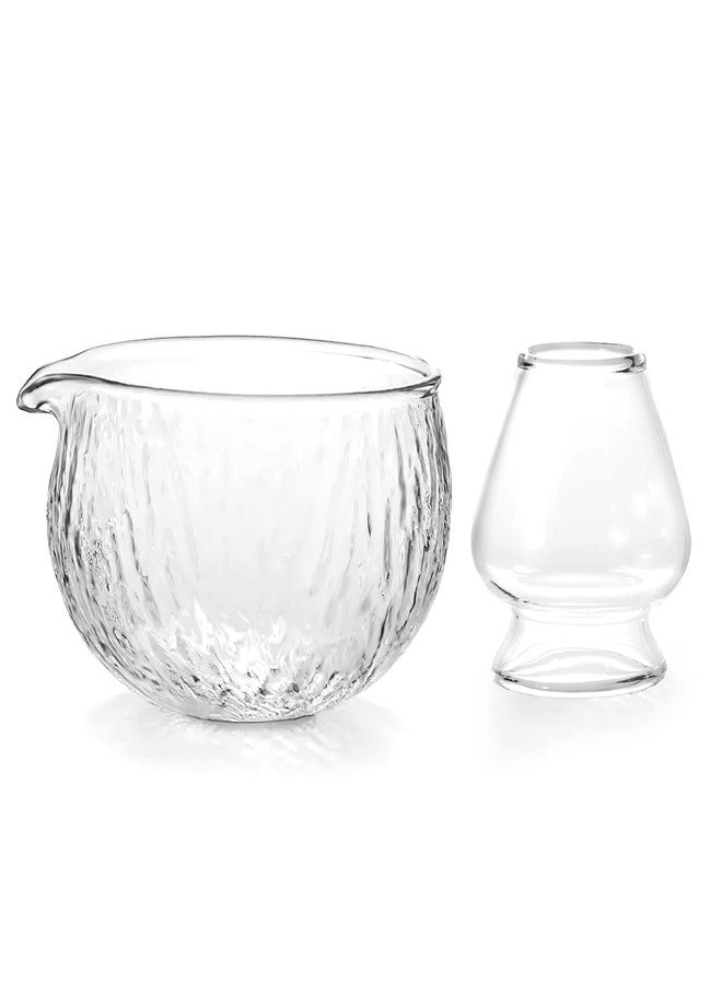 CAMATET Matcha Bowl and Whisk Holder Set, Glass Matcha Bowl with Spout, Ceremonial Mixing Chawan, Clear Traditional Japanese Matcha Kit for Tea/Matcha Powder/Soup - Hammer Pattern - Image 1