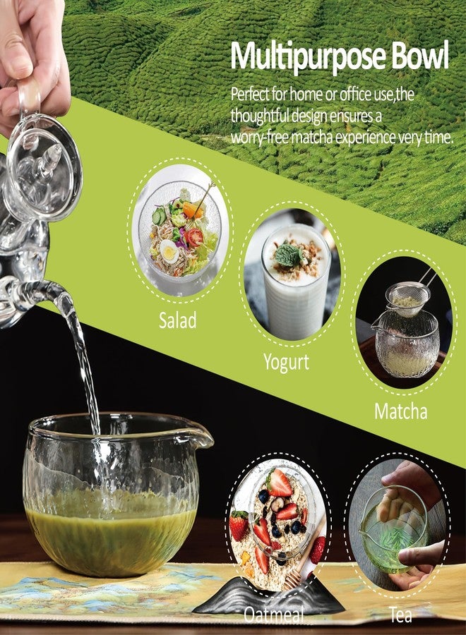 CAMATET Matcha Bowl and Whisk Holder Set, Glass Matcha Bowl with Spout, Ceremonial Mixing Chawan, Clear Traditional Japanese Matcha Kit for Tea/Matcha Powder/Soup - Hammer Pattern - Image 4