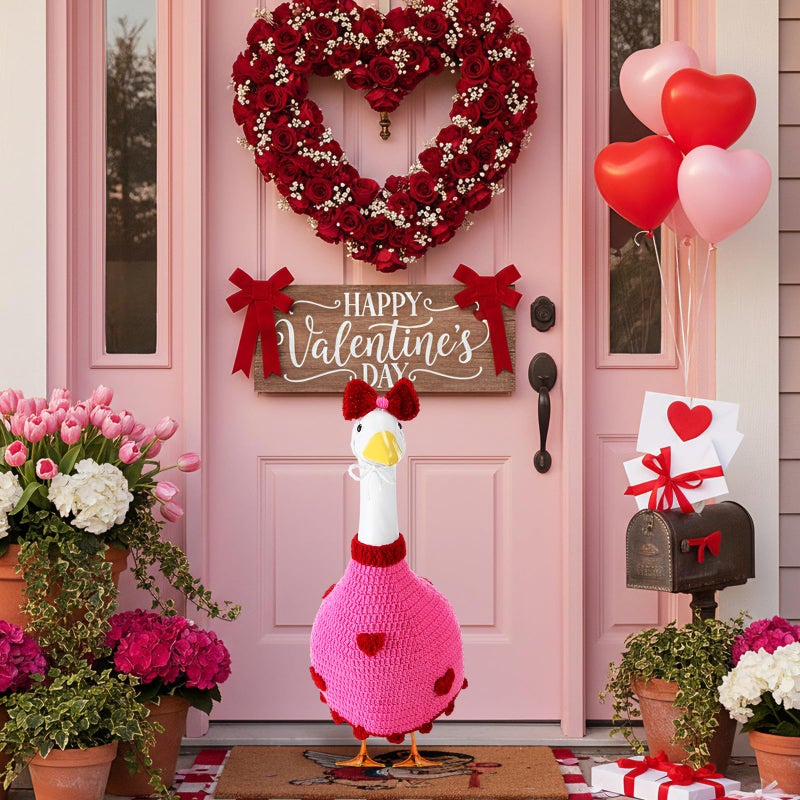 Abbylike 1 Set Valentine's Day Porch Goose Outfit Knitted Love Heart Yard Goose Costume Clothes Fits Large 23'' Cement for Happy Valentine's Day Garden Pathway Statue Romantic Decor - Image 2