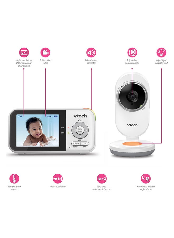 vtech - شاشة فيديو Fix Cam مقاس 2.8 بوصة بدقة 270 بكسل مع إضاءة ليلية وبطارية 800 مللي أمبير في الساعة باللون الأبيض - Image 1