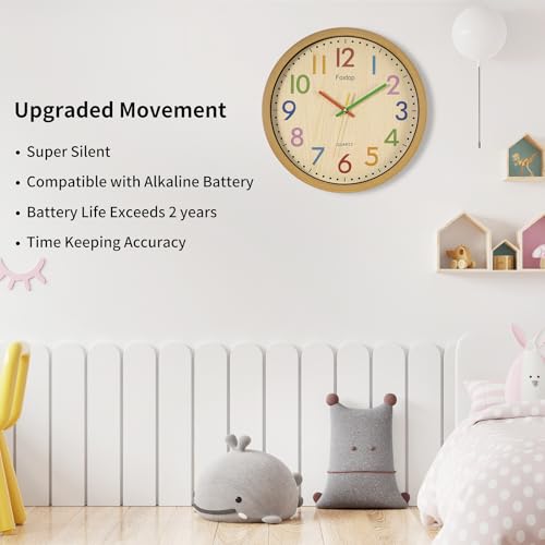 Foxtop Silent Kids Wall Clock 12 Inch Non-Ticking Battery Operated Colorful Childrens Clock for Classroom Playroom Nursery Bedrooms Kids Room School - Image 3
