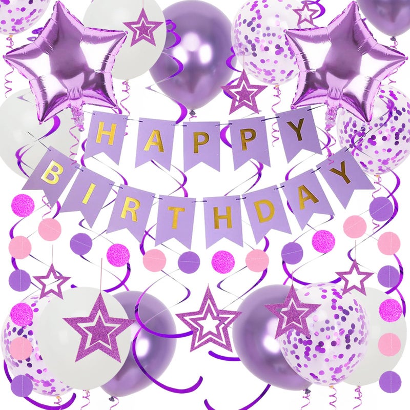 Douvelue Purple Birthday Decorations Happy Birthday Banner and Purple Star Balloons Glitter Hanging Stars with Hanging Swirls Circle Dot Paper Garland for Women Girls Party Decoration - Image 2