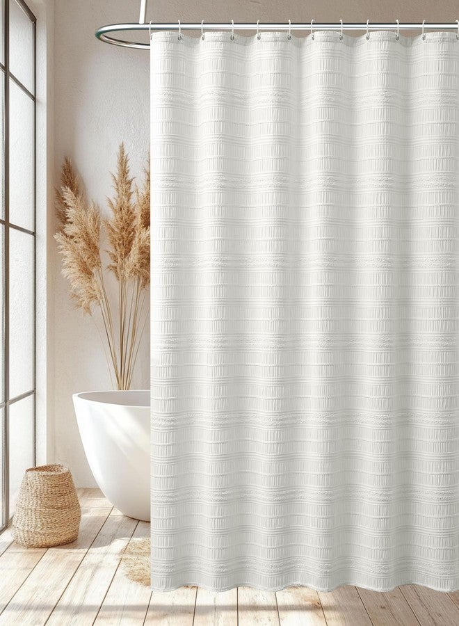 Siiluminisoy White Shower Curtain Fabric, White Textured Shower Curtain Farmhouse Cotton Blend Striped Shower Curtains for Bathroom Shabby Chic Rustic Decor 72" x 72" - Image 5