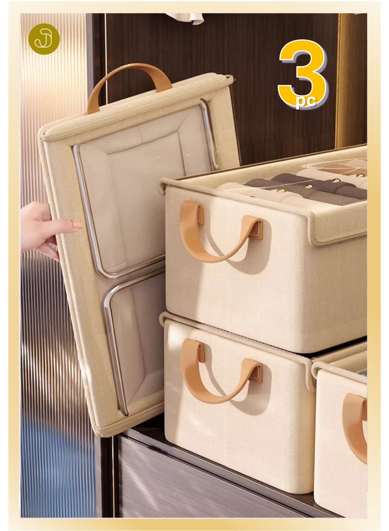 JOYYE 3 pcs Foldable Dustproof Cloth Storage Box with Transparent Cover & Steel-frame Structure & Handle | Washable Closet Drawer Organizer | Premium Fabric Baskets Bins Dividers, Using For Clothes Socks Underwear Accessories Pajamas Baby Cloths Diapers Towels in Home Office Bedroom (47*28*20cm, Beige) - Image 1