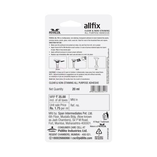 Pidilite Multi-Purpose Allfix Clear & Non-Staining Adhesive (20ml) - Image 2