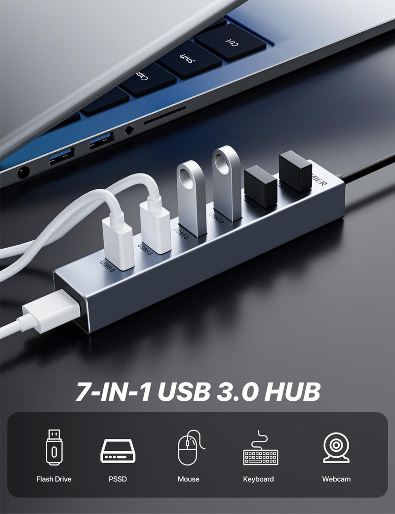 ZIUMIER USB C HUB,7 Port USB C to USB Hub,Aluminum Alloy USB 3.0 Data Port, 5Gbps USB Splitter Compatible for Laptop, MacBook, iPad, Surface Pro, XPS - Image 2