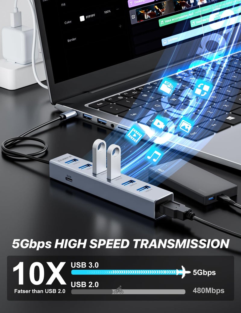 ZIUMIER USB C HUB,7 Port USB C to USB Hub,Aluminum Alloy USB 3.0 Data Port, 5Gbps USB Splitter Compatible for Laptop, MacBook, iPad, Surface Pro, XPS - Image 4