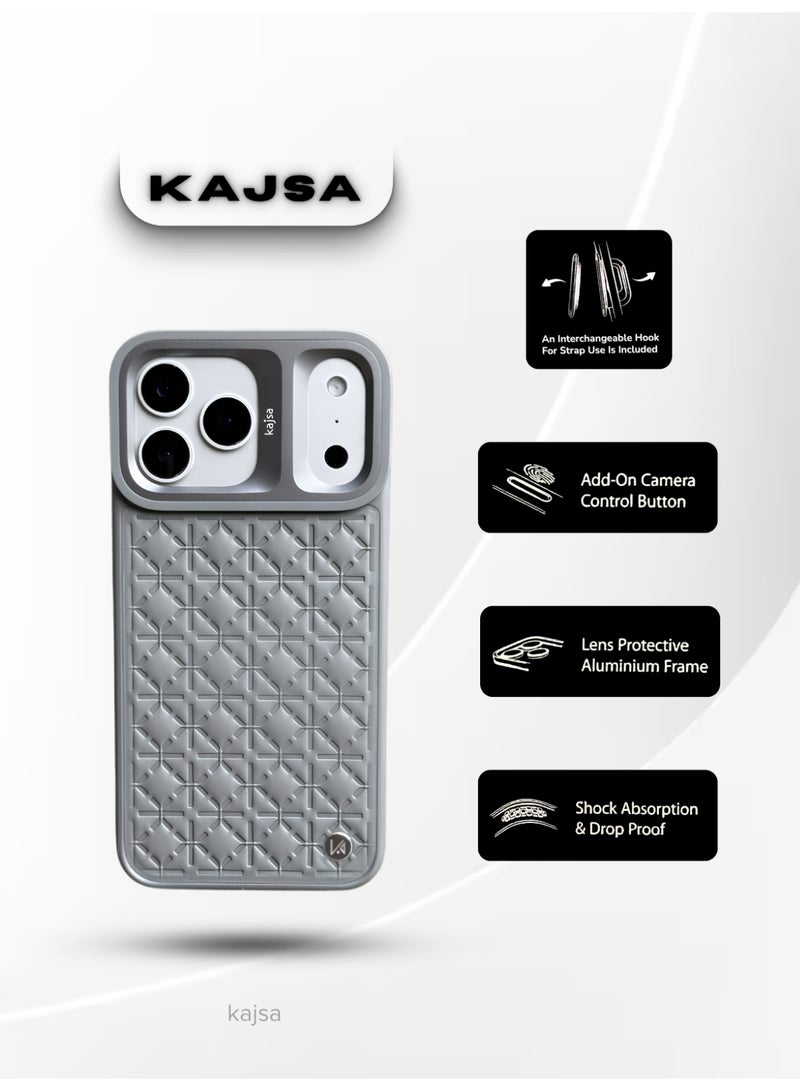 كاجسا جراب Kajsa LuxeQuilt MagSafe لهاتف iPhone 17 Pro Max - جراب جلدي مقاوم للصدمات مع إطار عدسة من الألومنيوم، وزر تحكم بالكاميرا، وخطاف حبل قابل للتبديل (حائز على جائزة Red Dot للتصميم لعام 2026) - رمادي - Image 1