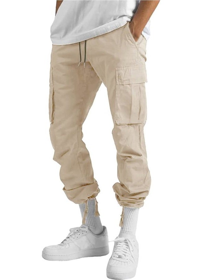 HUNGSON Mens Cargo Pants Casual Hiking Pants Joggers Athletic Pants Cotton Loose Straight Sweatpants for Men Beige - Image 4