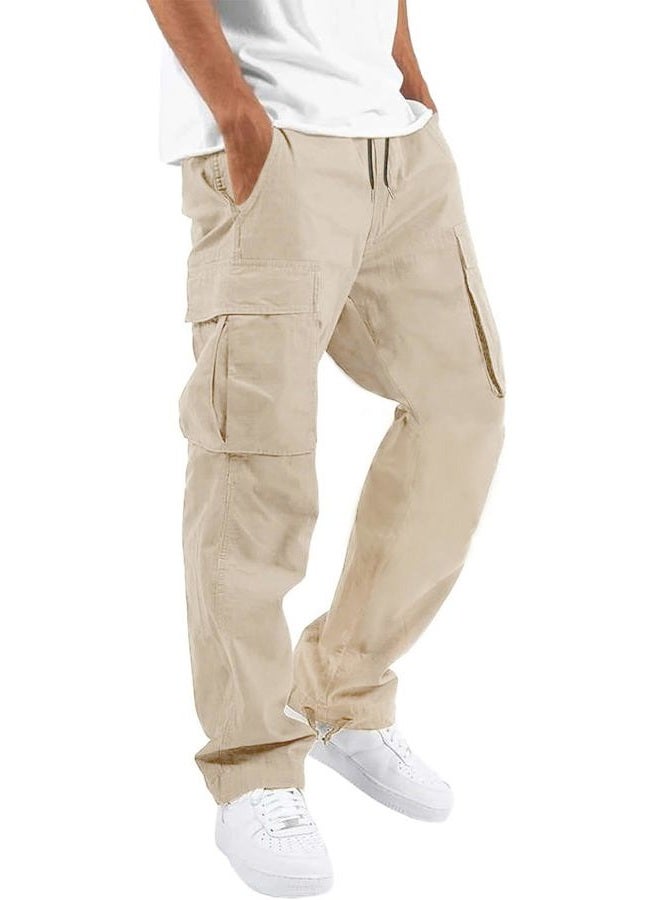 HUNGSON Mens Cargo Pants Casual Hiking Pants Joggers Athletic Pants Cotton Loose Straight Sweatpants for Men Beige - Image 1