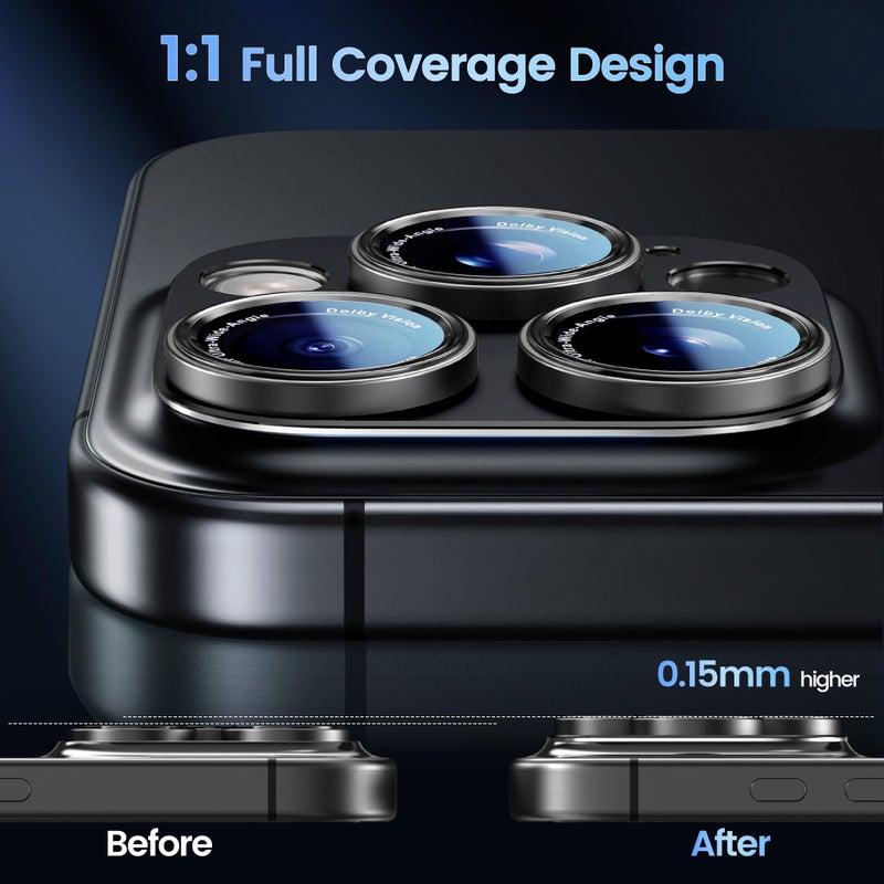 CACOE Camera Lens Protector for iPhone 15 Pro/15 Pro Max - Metal Frame Tempered Glass Cover, [Anti-Scratch] [Drop-Proof][Strong-Adhesion] Camera Screen Cover(Black) - Image 3