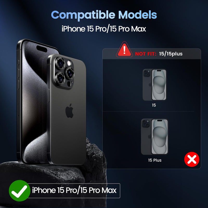 CACOE Camera Lens Protector for iPhone 15 Pro/15 Pro Max - Metal Frame Tempered Glass Cover, [Anti-Scratch] [Drop-Proof][Strong-Adhesion] Camera Screen Cover(Black) - Image 2