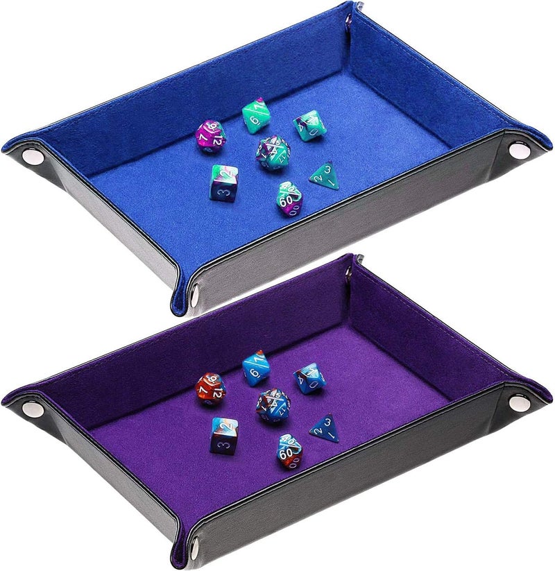 ONWON 2 Pieces Dice Holder Dice Rolling Tray Double Sided PU Leather and Velvet Folding Tray Dice Pad for Dice Gamingand Other Table Games (Blue & Purple) - Image 1