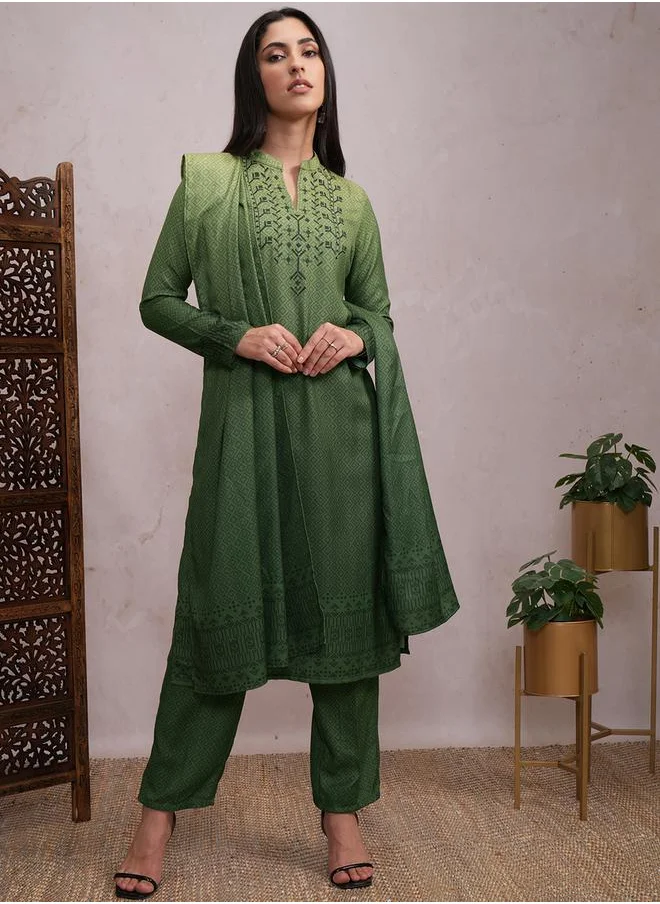 فيشود Women Green Printed Kurta Set with Dupatta by Styli