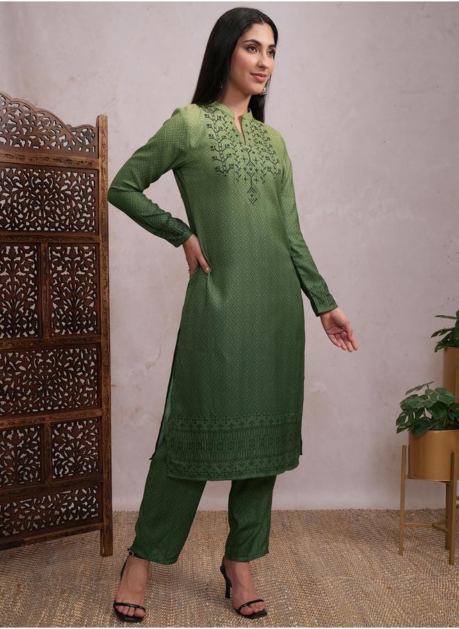 Vishudh Women Green Printed Kurta Set with Dupatta by Styli  - Image 4
