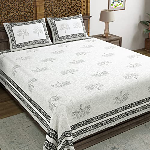 BLOCKS OF INDIA Hand Block Printed 200 TC Cotton King Size Bedsheet (Black) - Image 1